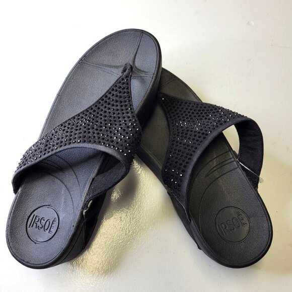 Black Size 8 Gold Crystal Sandals Wedge Heel Arch Support Comfy Flip Flops - Picture 3 of 13